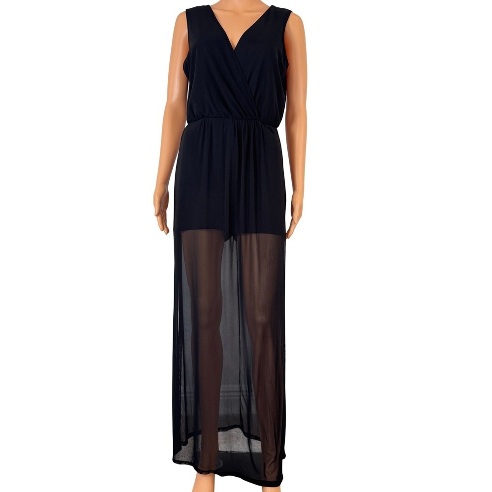 Bailey Blue Black Sheer Mesh Overlay Maxi Romper Dress V-Neck Size‎ M 4GA9T0116